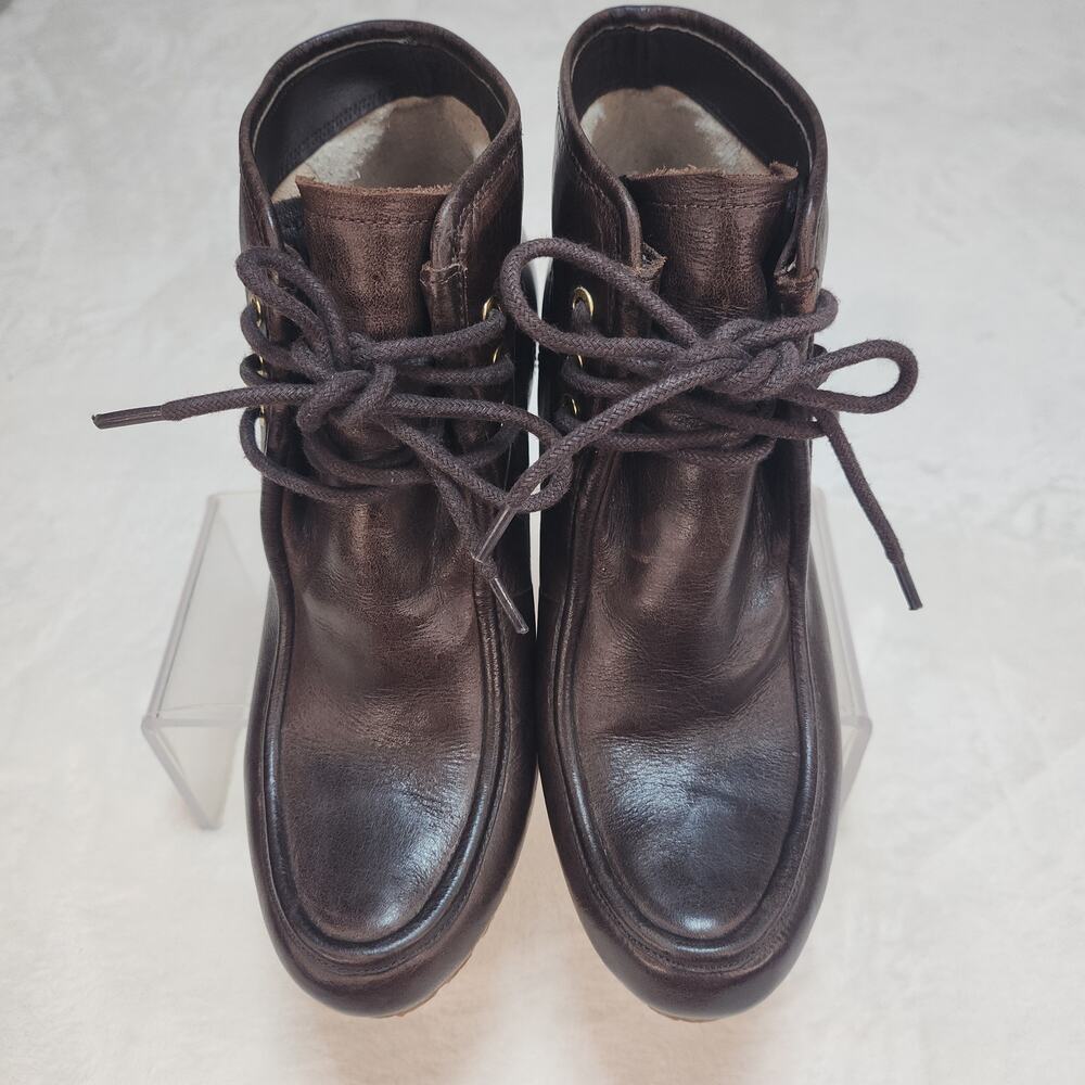 Dark Academia Whimsigoth Brown Leather Moc Toe Wedge Boots 6.5 90s Minimalist - Picture 4 of 15